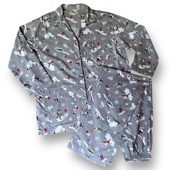 Vintage Eddie Bauer Womens Flannel Pajama Set Sz S Gray Winter Novelty Print PJs - Picture 1 of 16